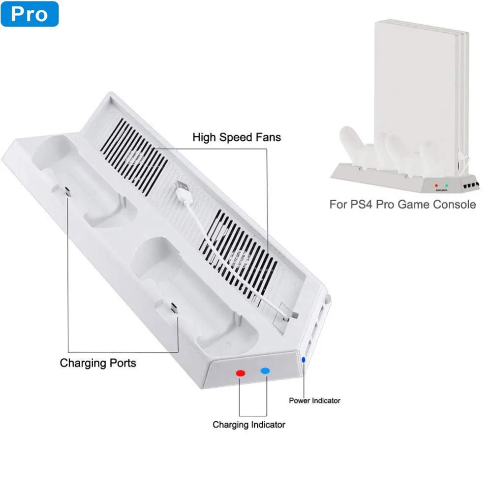 White Cooler FanVertical Cooling Stand Dual Controllers Charging Dock USB Hub for Playstation 4 Pro