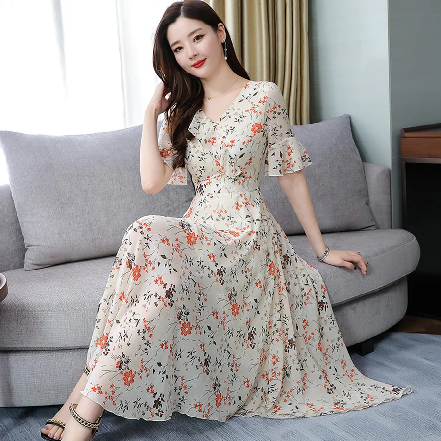 Summer Pink Floral Chiffon Boho Maxi Sundress 2019 Vintage 3XL Plus Size Print Beach Dress Women Bodycon Elegant Party Vestidos