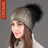 2024 New Winter Beanies Ladies Knitted Wool Warm Hats Fashion Pom Pom Real Raccoon Fur Caps Skullies Hat For Women Print Fur Cap 1