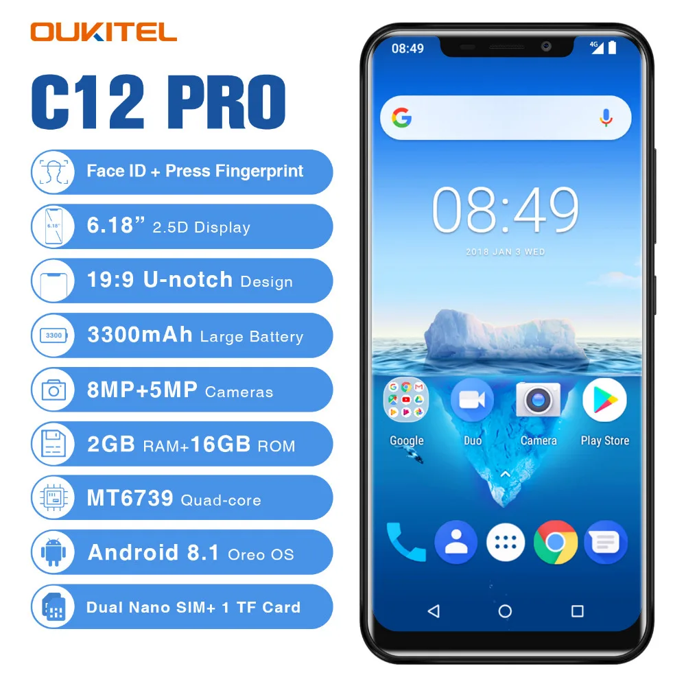 Oukitel C12 Pro 6,18 "19:9 Android 8,1 4G мобильный телефон 4 ядра 2G RAM 16G ROM отпечатков пальцев Face ID 3300 мАч Северной смартфон