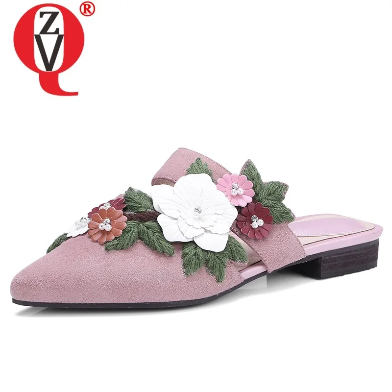 

ZVQ woman shoes 2019 summer new fashion sexy pointed toe cow suede woman slippers outside comfortablelow heels ladies sandals