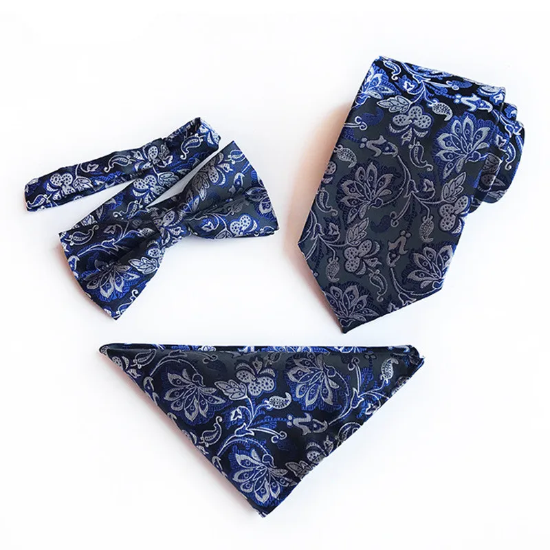  3 PCS/set Man Polyester Silk Bowtie Pocket Square Tie Suit Set Hanky Groom Wedding Suits Business H