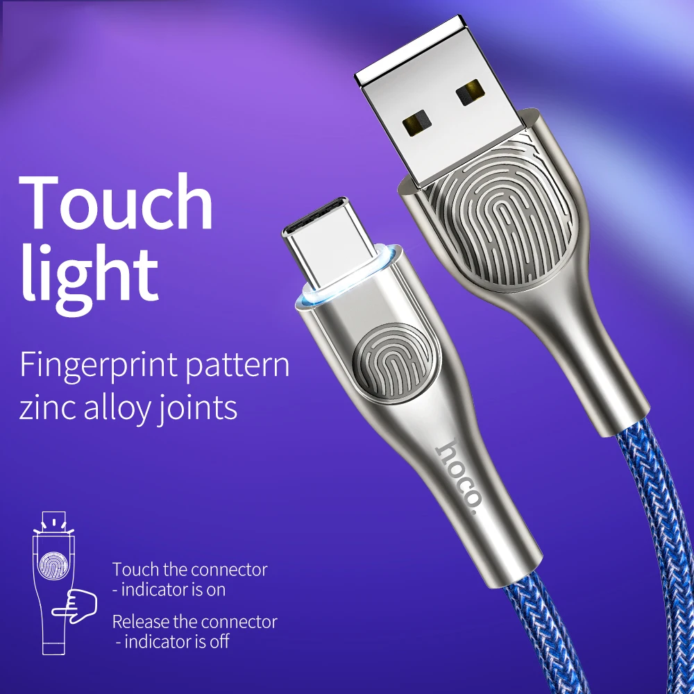 Hoco USB نوع C كابل ل USB C الهاتف المحمول كابل شحن سريع نوع C كابل اللمس مصباح ليد لسامسونج غالاكسي S10 S9 Xiaomi 9