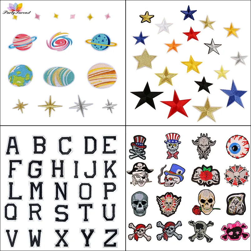 PF Mixed Embroidered Patches Star Heart Letter Skull Applique Iron on Patch for Clothing Fabric Sticker Application Backpack | Дом и сад