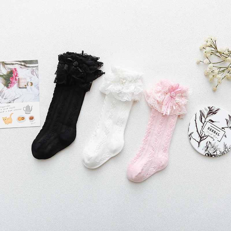 Детские носки до колена с двойным кружевом для маленьких девочек новые детские носки принцессы для маленьких девочек черные, белые, розовые