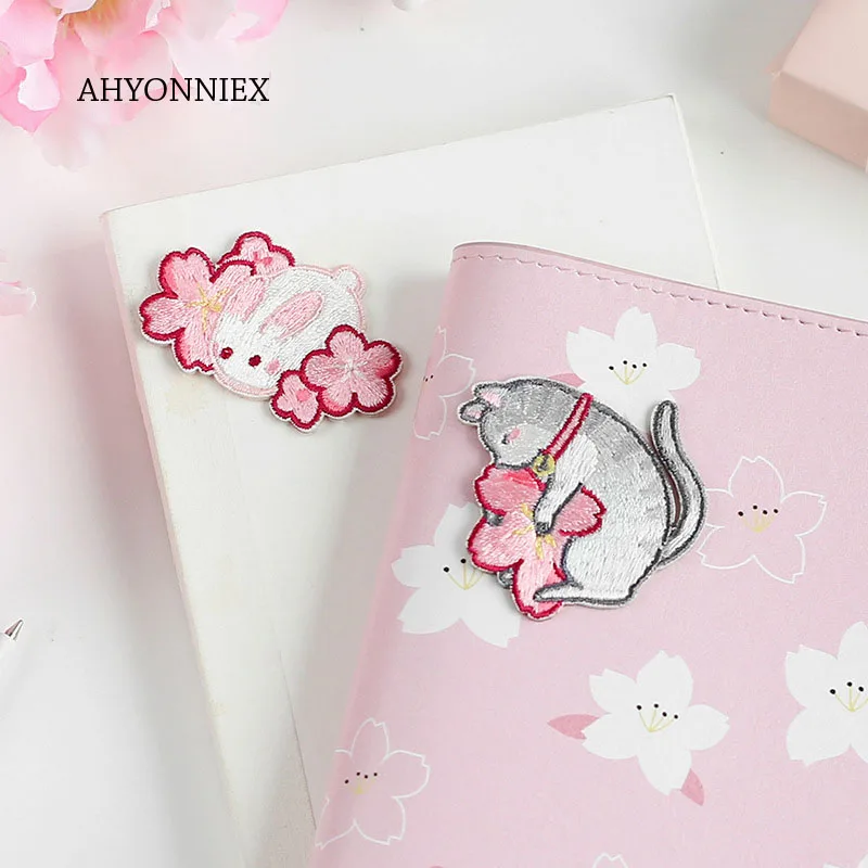 

AHYONNIEX 1PC Sakura Flower Embroidery Patches for Bag Jeans Shiba Cat Rabbit Iron On Patches for Clothes Small DIY Patch Cute