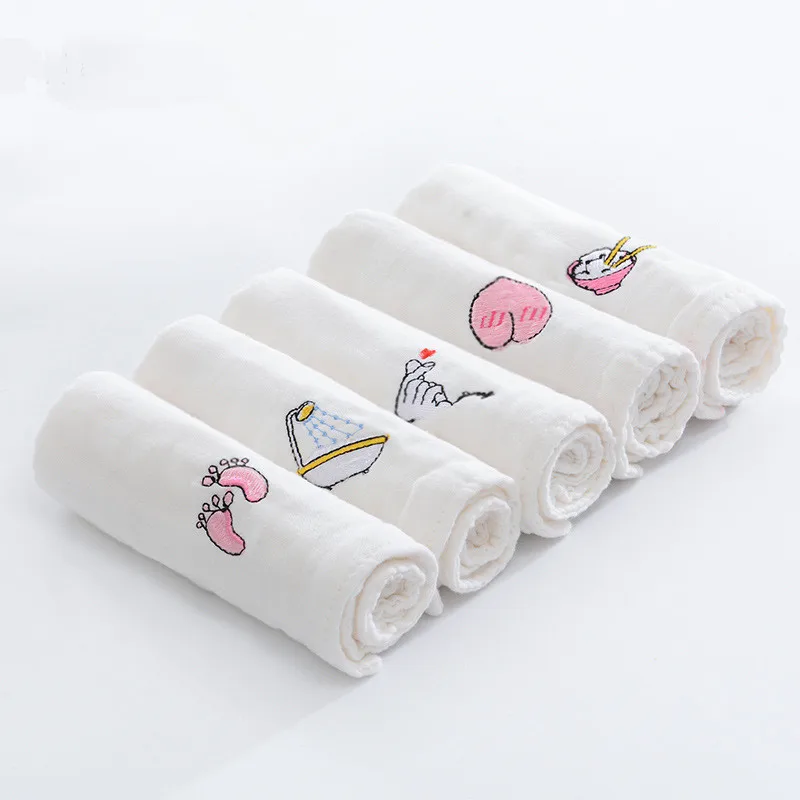 

5PCS/Set Baby Embroidered Mouth Towel Multi-functional Handkerchief Cotton Gauze Bubble Gauze Wipe Hand Wash Towel 30*30cm