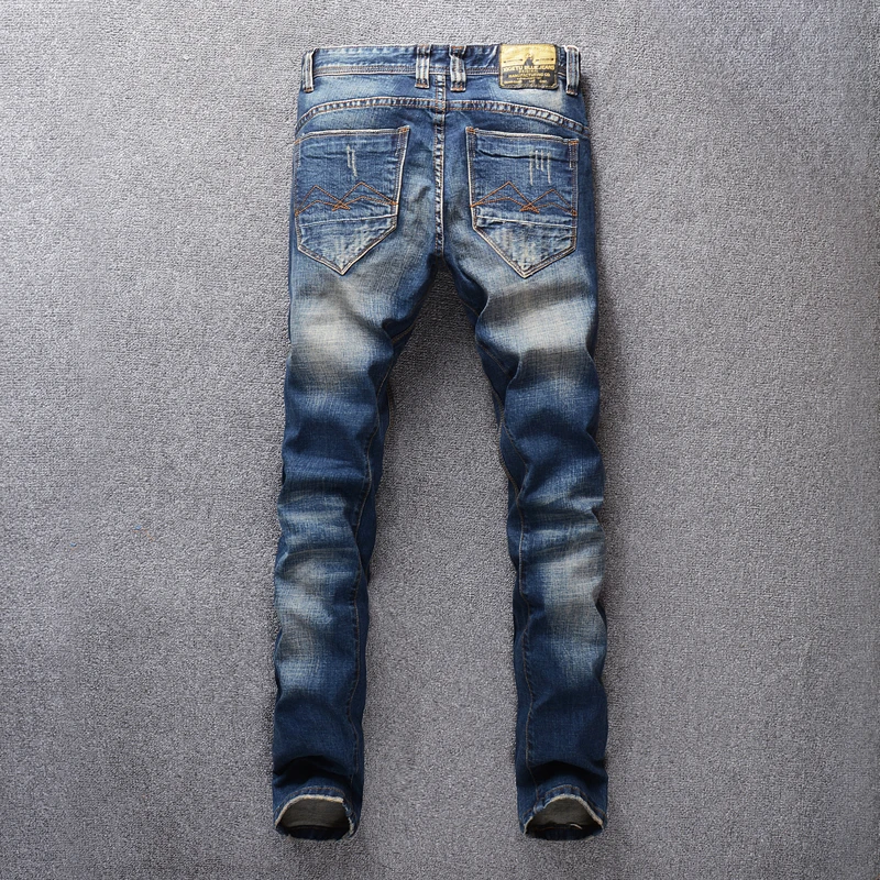 Fashion Streetwear Men Jeans Blue Color Retro Wash Slim Fit Embroidery Ripped Jeans Men Patchwork Hip 2