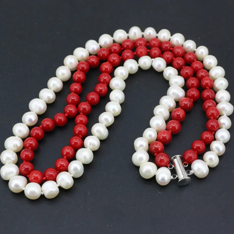 

Charms 8-9mm white natural freshwawter pearl 2 rows strand necklace For women 7mm red coral beads chain jewelry 18-19" B3454