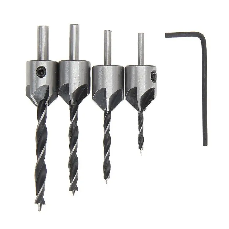 

4Pcs HSS 5Flute Countersink Drill Bit Set Screw Woodworking Chamfer Tool 3-