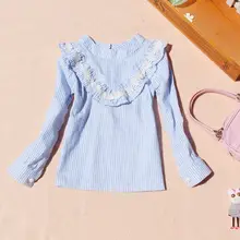 Одежда для младенца от 2 до 15 лет, коллекция года блузка для девочек-подростков осенние хлопковые кружевные топы в полоску с длинными рукавами для школьниц, Детские рубашки JW2435