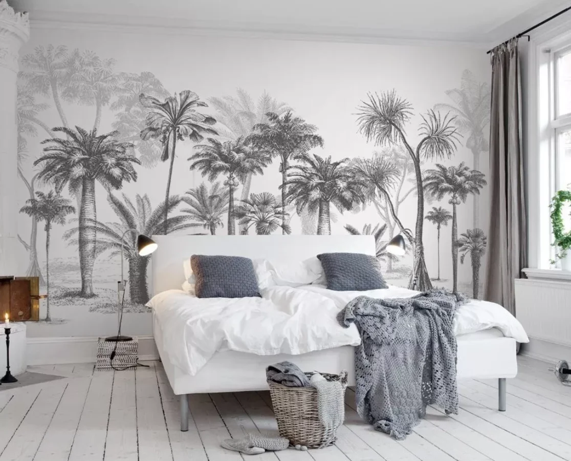 Обои Черный Белый эскиз листья тропических растений Фреска тропический лес кокосовое дерево скандинавские обои для ТВ диван фон 3d обои