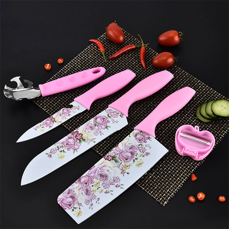

5pcs Set Cooking Tools Kitchen Knives Stainless Steel Cutter Set Printing Sharp Flower Knife With PP Handle Cut Meat / Fruit