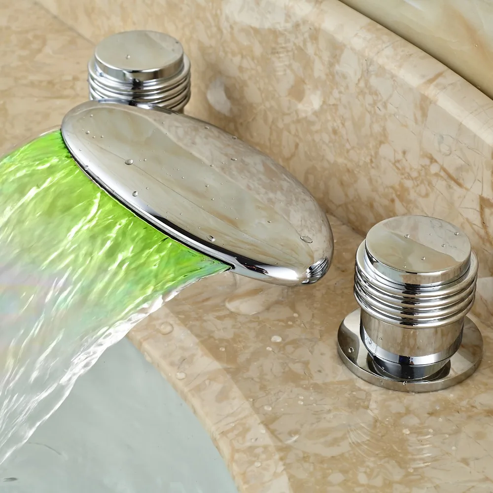 

Deck Mounted LED Light Colors Waterfall Bathroom Basin Faucet 3 Holes Basin Mixer Tap in Chrome