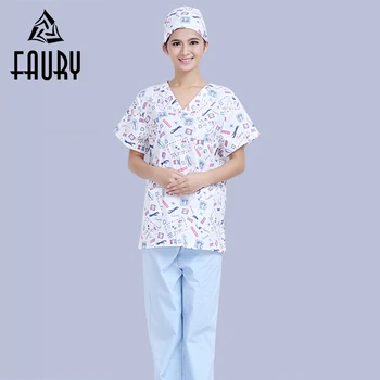 

Print Design V Neck Short Sleeve Nurse Doctor Clothing Scrub Sets Pet Hospital Medical Dentist Clinic Beauty Salon Tops Pant Hat