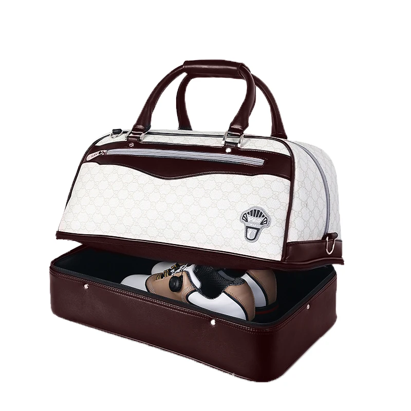 

Double - layer clothing multi - texture waterproof PU golf bag independent shoe area portable shoulder metal buckle