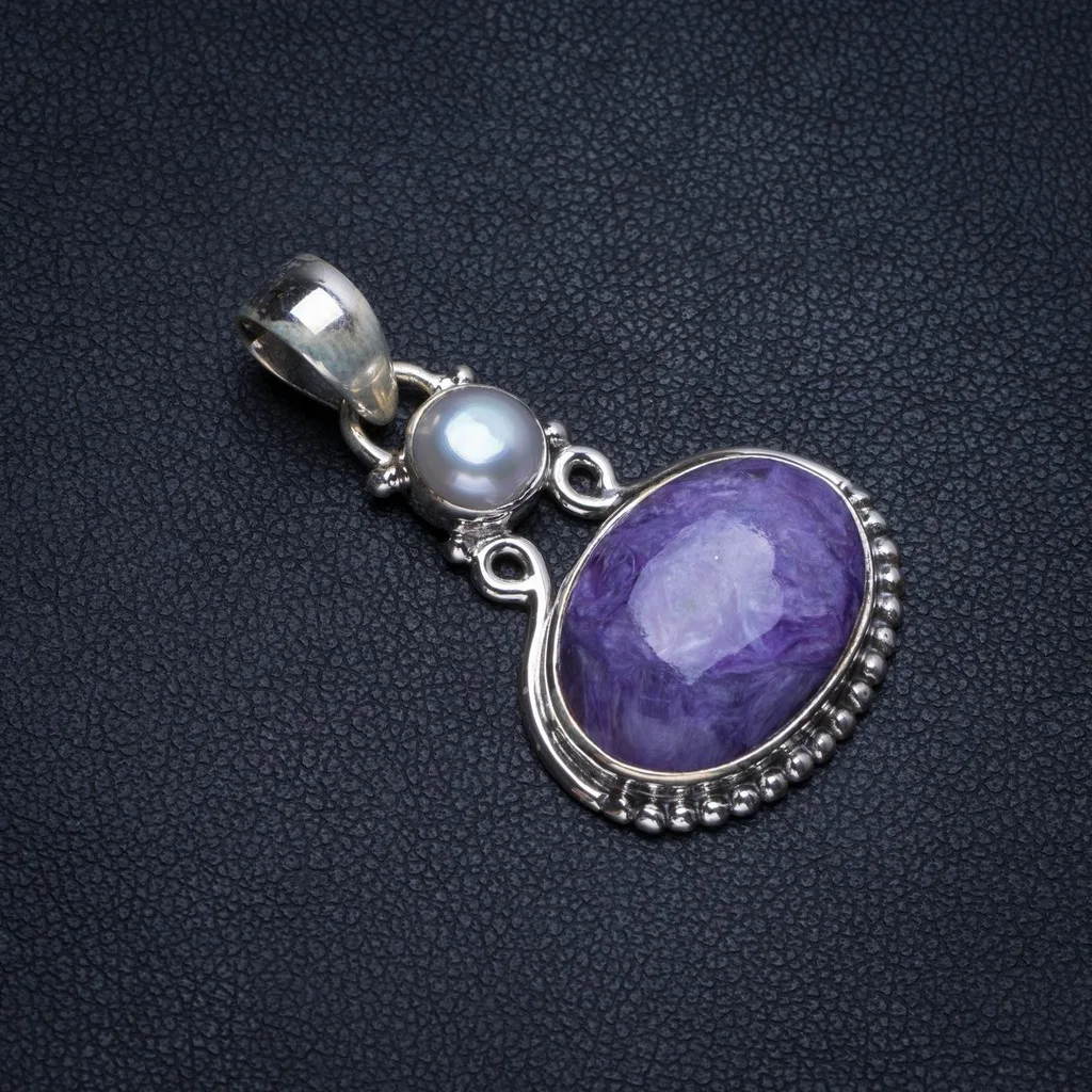 

Natural Charoite and River Pearl Handmade Vintage 925 Sterling Silver Pendant 1 1/2" T1110