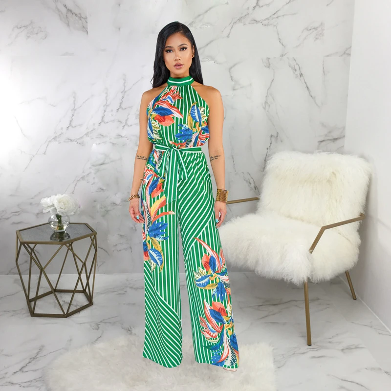 stripe halter wide leg jumpsuit