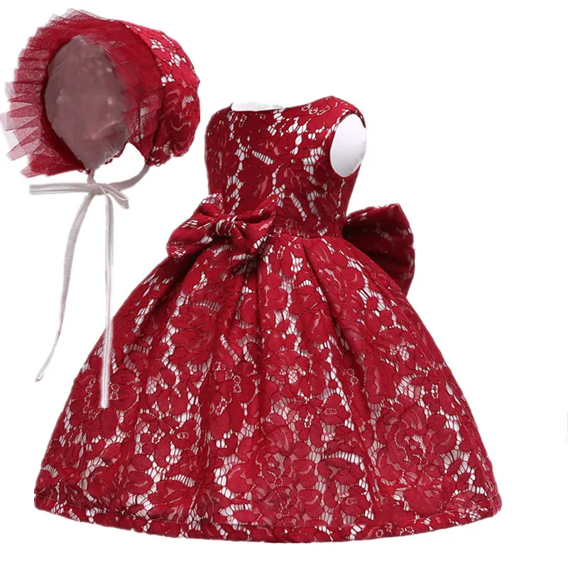 Летнее платье для маленьких девочек комплект из 2 предметов, шляпа+ кружевные платья принцессы с цветочным рисунком для девочек, одежда для малышей на первый день рождения, свадьбу - Цвет: Красный