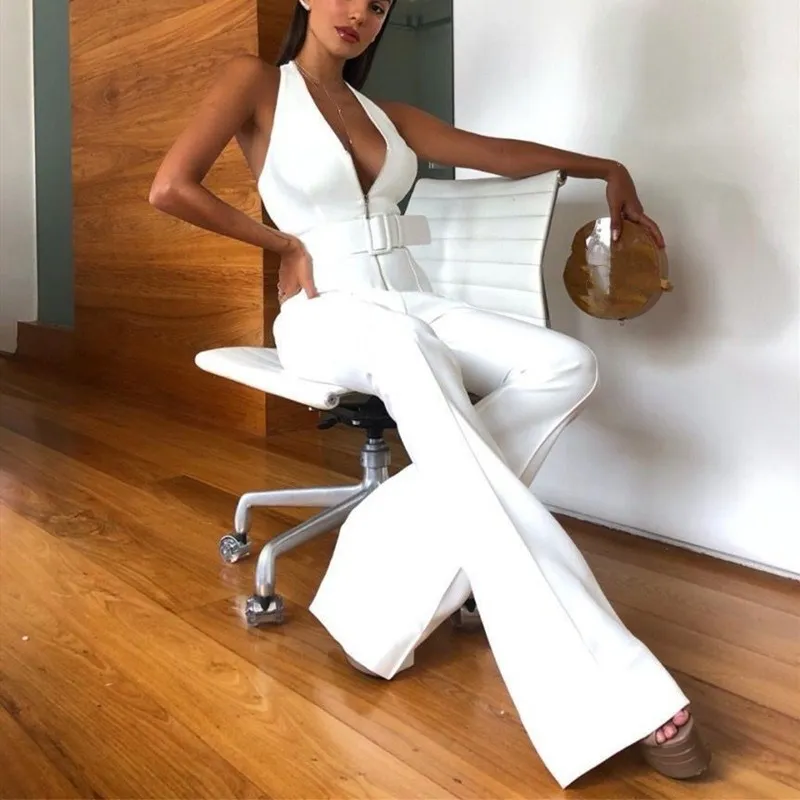 

Women Summer Elegant Deep V Neck Jumpsuit Sashes Sexy Sleeveless Office Lady Rompers Belted Long Backless Overalls