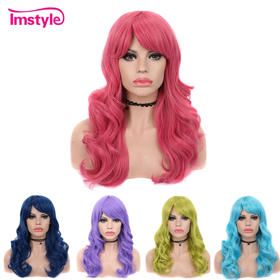 Imstyle Pink Blue Synthetic Wigs With Bangs Wavy Wig For