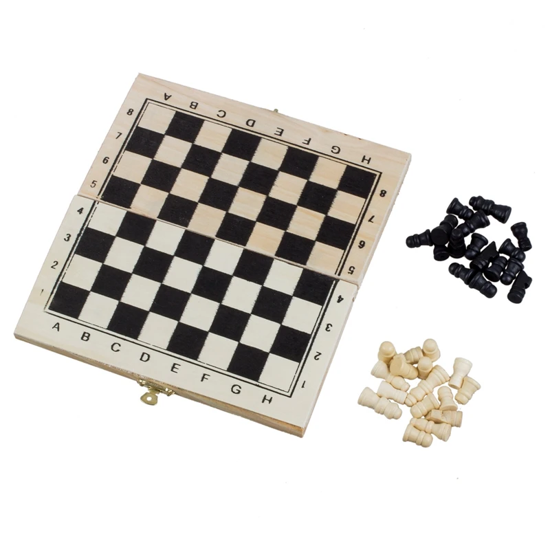 

Foldable Wooden Chessboard Travel Chess Set with Lock and Hinges--Ivory and Black Chess Pieces