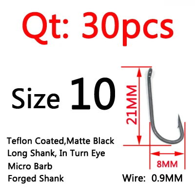 ICERIO 30 шт. с тефлоновым покрытием, длинный хвостовик, крючок для ловли карпа, изогнутый глаз, матовый черный крючок для ловли карпа, крючки для снаряжения - Цвет: D Size 10  30pcs