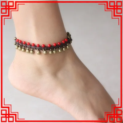2 цвета женские камень этнических камни бисер браслеты цепи, ручной Плетеный ноги цепи, модные латунь колокол старинные браслеты - Окраска металла: Золотой цвет