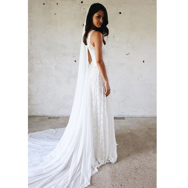 LORIE Beach Wedding Dress Lace V Neck Boho Wedding Gown Custom Made Simple Princss White Ivory Brde Dress Free Shipping 2019