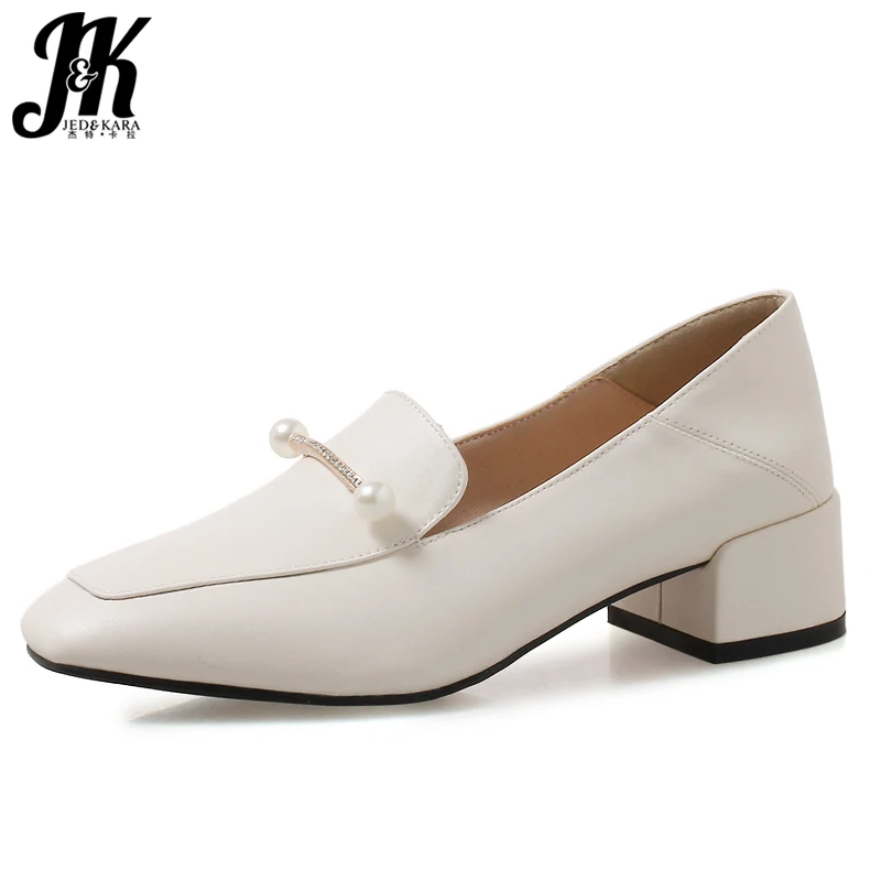 

JK Plus Size 43 Thick Med Heels Pumps Women Square Toe Pearl Footwear Pu Shoes Female Crystal Casual Shoes Woman 2019 Spring