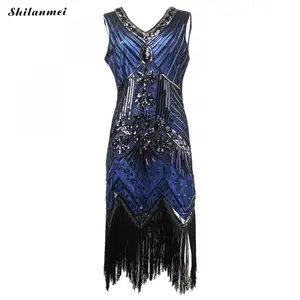 Great Gatsby Party Dress Women 1920s Dress Sexy Sleeveless Royal Blue Embroidery Fringe Sequin Beaded Tassels Hem Flapper Dress