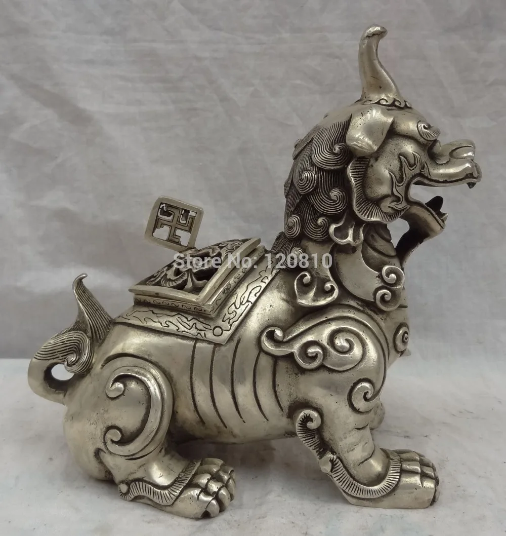 

10" China Silver Animals Wealth Dragon Unicorn Statue Lion Incense Burner Censer