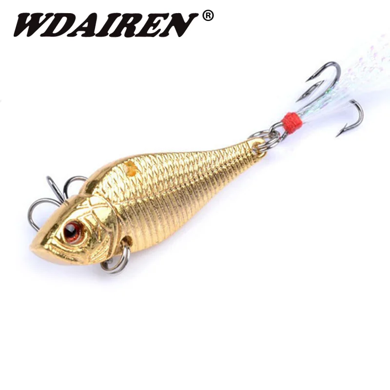 

1Pcs vibrating fishing lure sinking 50mm 14.5g metal gold silver lures with feather hook deep diving wobblers fishing tackle