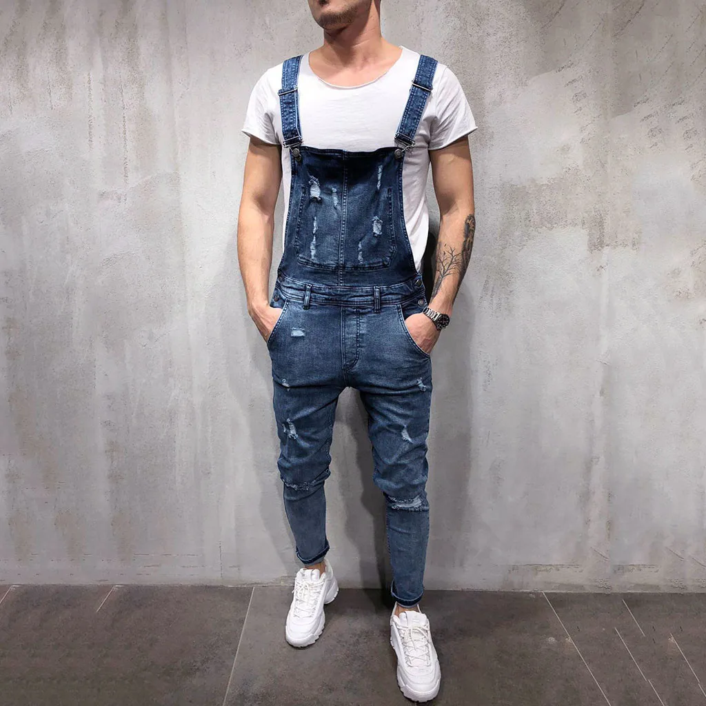 Mens Denim Casual Slim Overalls Jumpsuits Jeans Suspenders Cowboy Pants Trousers