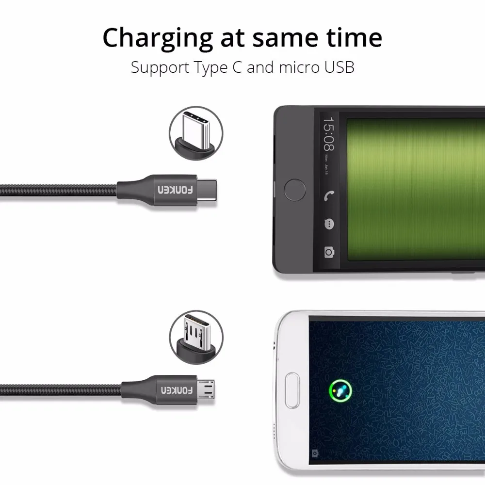 FONKEN 2 في 1 المصغّر usb كابل عكسها USB نوع C شاحن النايلون كابل بيانات USB C شحن ل قوة البنك المحمول كابلات الهاتف