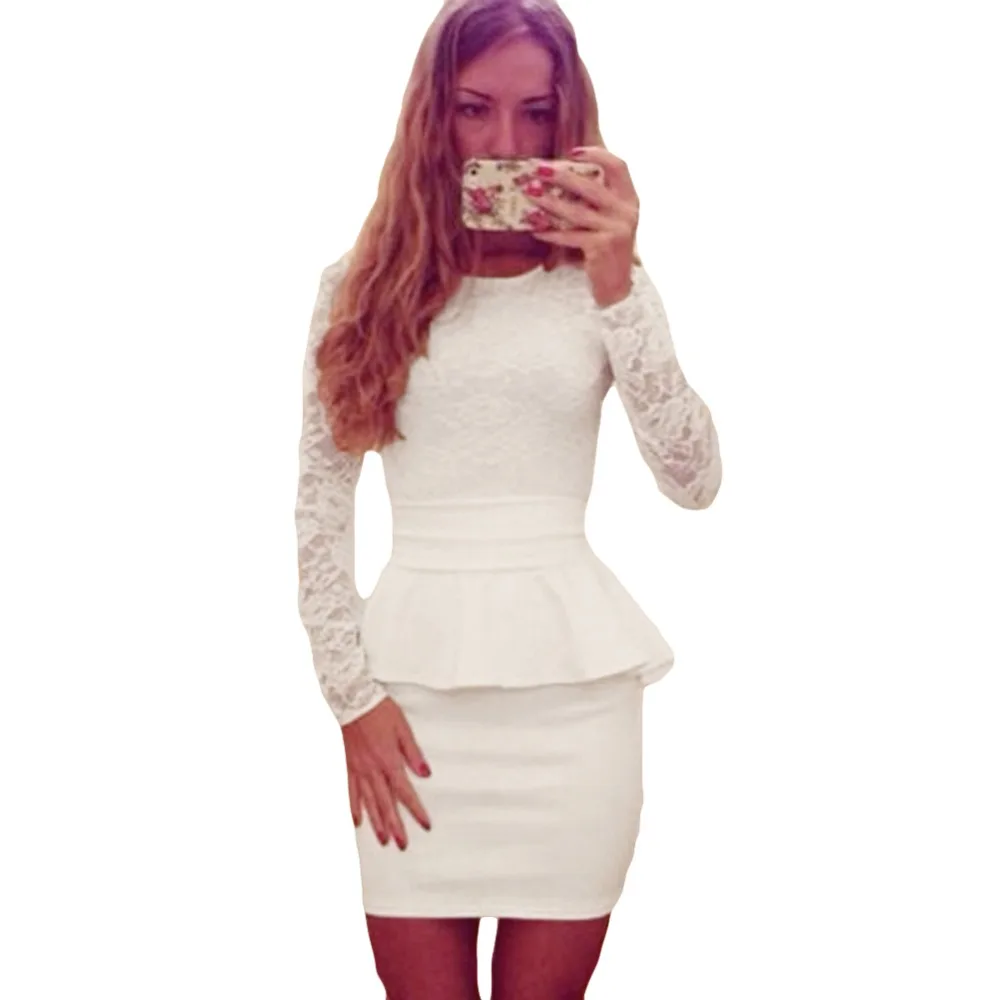 

Sexy Women Lace Splice Pencil Dress Peplum Waist O Neck Long Sleeve Evening Party Mini Dress Bandage Bodycon Clubwear vestidos