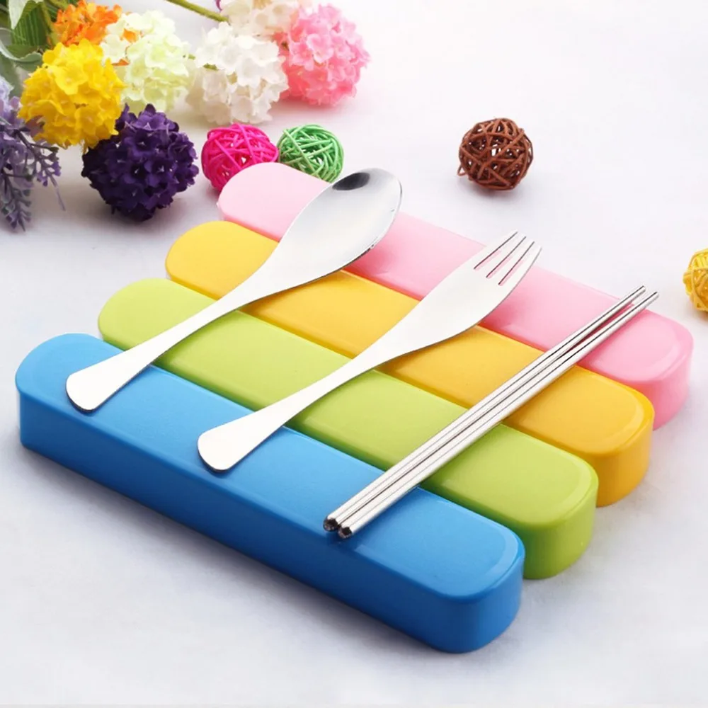 4PCS/set Stainless Steel Fork Spoon Tableware Suits With Storage Box Portable Travel Picnic Outdoor Kids Adults Dinnerware Set