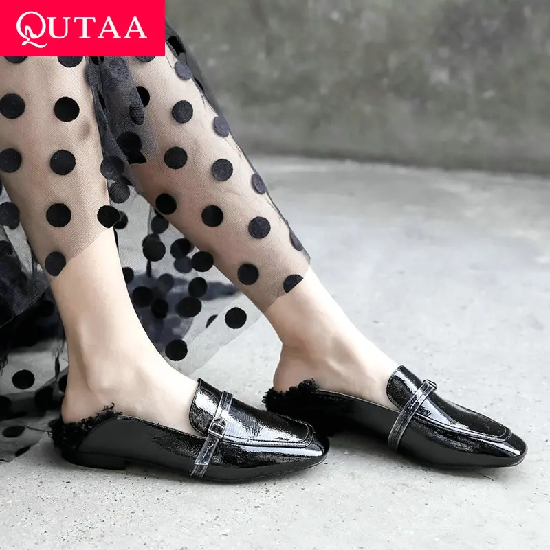 

QUTAA 2019 Women Shoes Pu Leather Fur Square Low Heel Platform Women Pumps Slip on All Match Square Toe Ladies Pumps Size 34-43