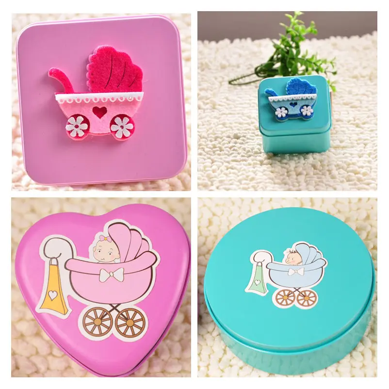 

12 pcs/lot Newborn Baby Birthday Party Candy Bag Tin Storage Box,Cute Square Round Heart Shape Metal Box with Stroller Baby Card