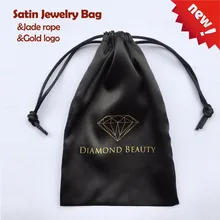100PCS Satin Drawstring Bag Silk Jewelry Pouch Jade Rope Custom Gold Logo Black Gift Bags Diamond/Ring/Necklace/Bead Packing Bag