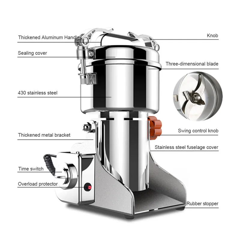 1000g Swing Type Electric Grains Stainless Steel Dry Food Grinder Mill Grinding Machine High Speed Intelligent Home Crusher (5)