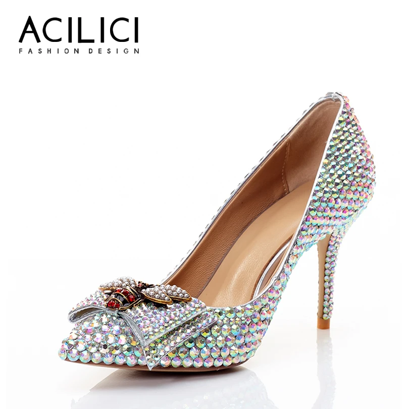 

Wedding Shoes Diamond Butterfly-knot Genuine Leather Pointed Toe High Heel Women Pumps