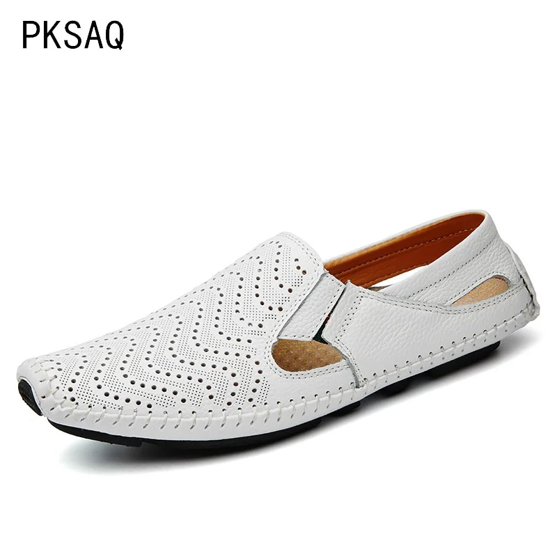 

Spring summer new men casual shoes leather round head hollow breathable shoes solid color light comfortable Slip On flat shoes