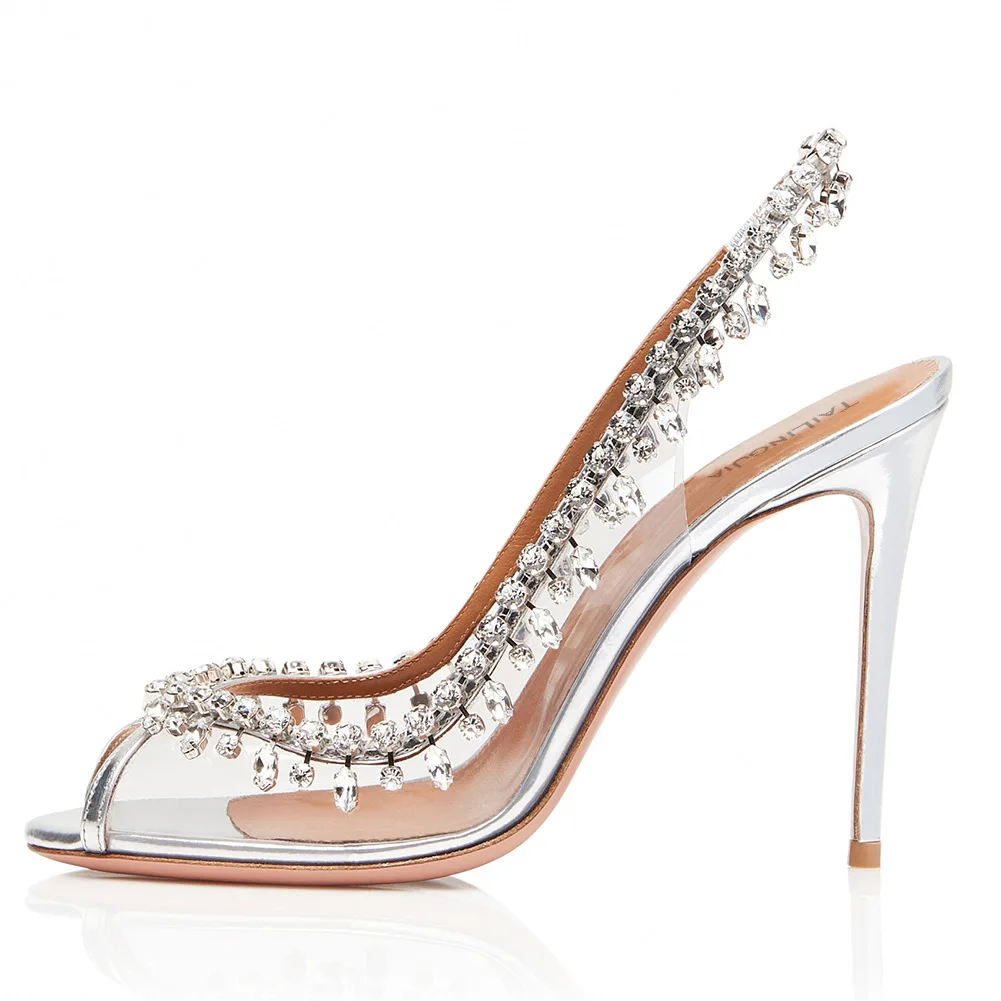 

US4-11 Chic Womens Open Toe Stilettos High Heels Crystal Rhinestones Sandals Clear Transparent Shoes Slingback Plus Size A352