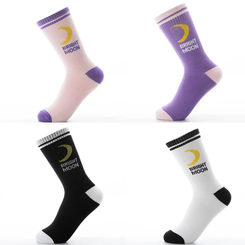 Women Girls Ulzzang Harajuku Cotton Long Crew Socks Rib Trim Double Stripes Moon Letters Printed Hip-Hop Hosiery Skaterboard Str