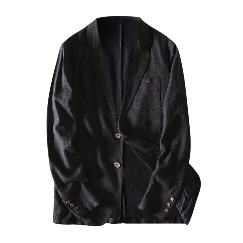 Мужская приталенная льняная куртка с карманом, однотонный, длинный рукав, британский тренд, льняные костюмы, Блейзер, пиджак, верхняя одежда, мужской блейзер - Цвет: Черный