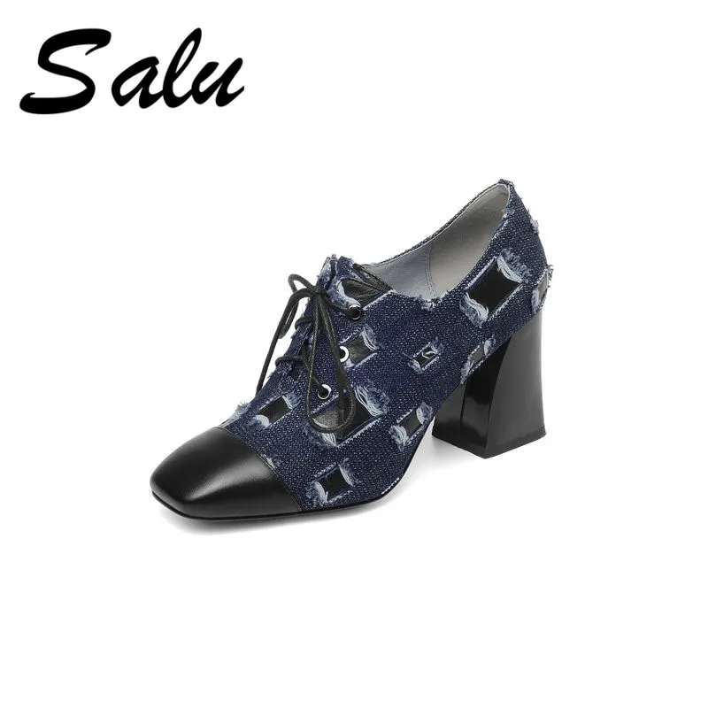 

Salu Fashion Women Genuine Leather Shoes Woman Sexy square Toe Office Pumps Ladies Wedding Party Shoes Big Size 34-43