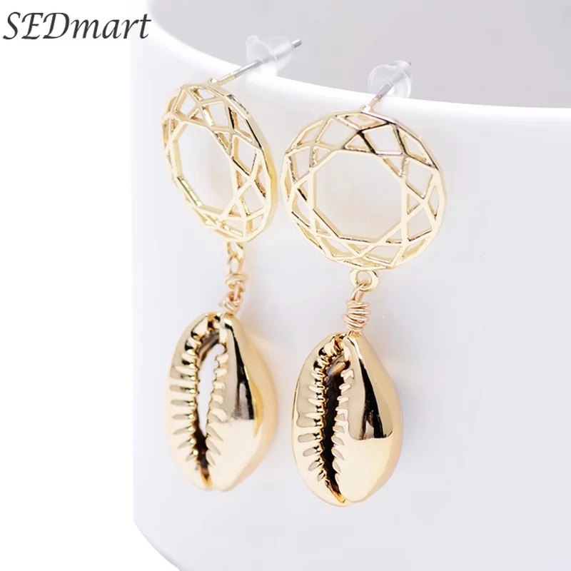 

SEDmart Fashion Natural Shell Dream Catcher Pearl Pendant Earrings Metal Shell Weave Simple Gold Alloy Jewelry Gift Souvenir2019