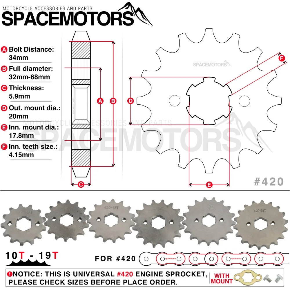 420 10T 19T 20mm spline Front Engine Sprocket for motorcycle moped