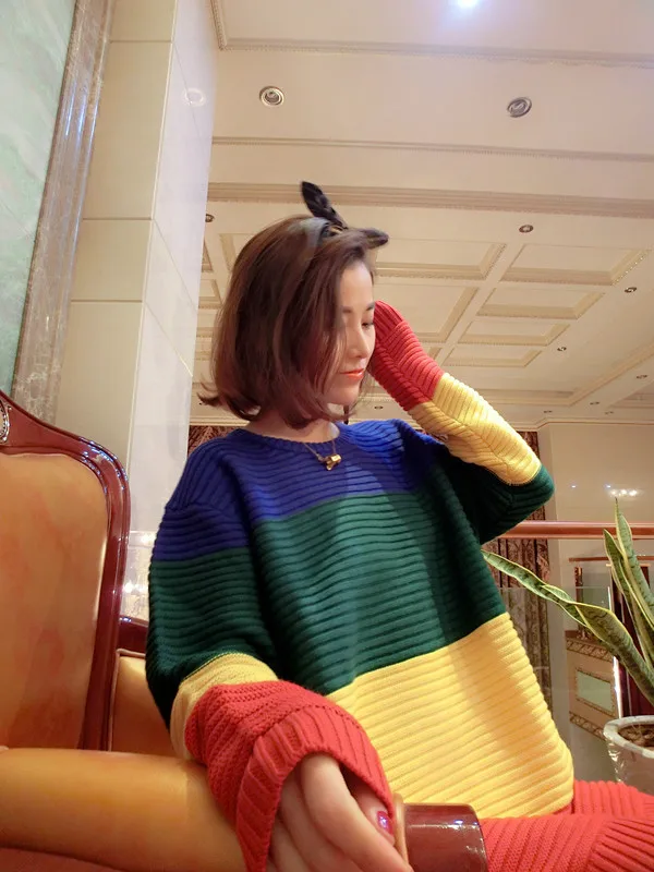 

Korean Loose Long Sleeve Rainbow Gradient Stripe Block Sweater Robe Streetwear Knitwear Knitting Pullover Jumper Fashion Top Big
